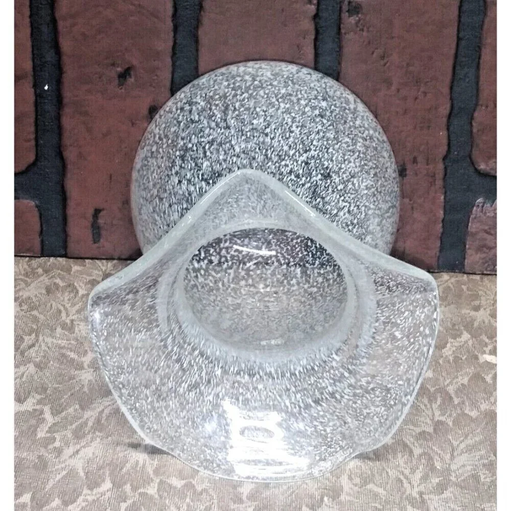 Art Glass Vase Hand Blown Clear With White Splatter Ruffle Top 7” Scalloped edge